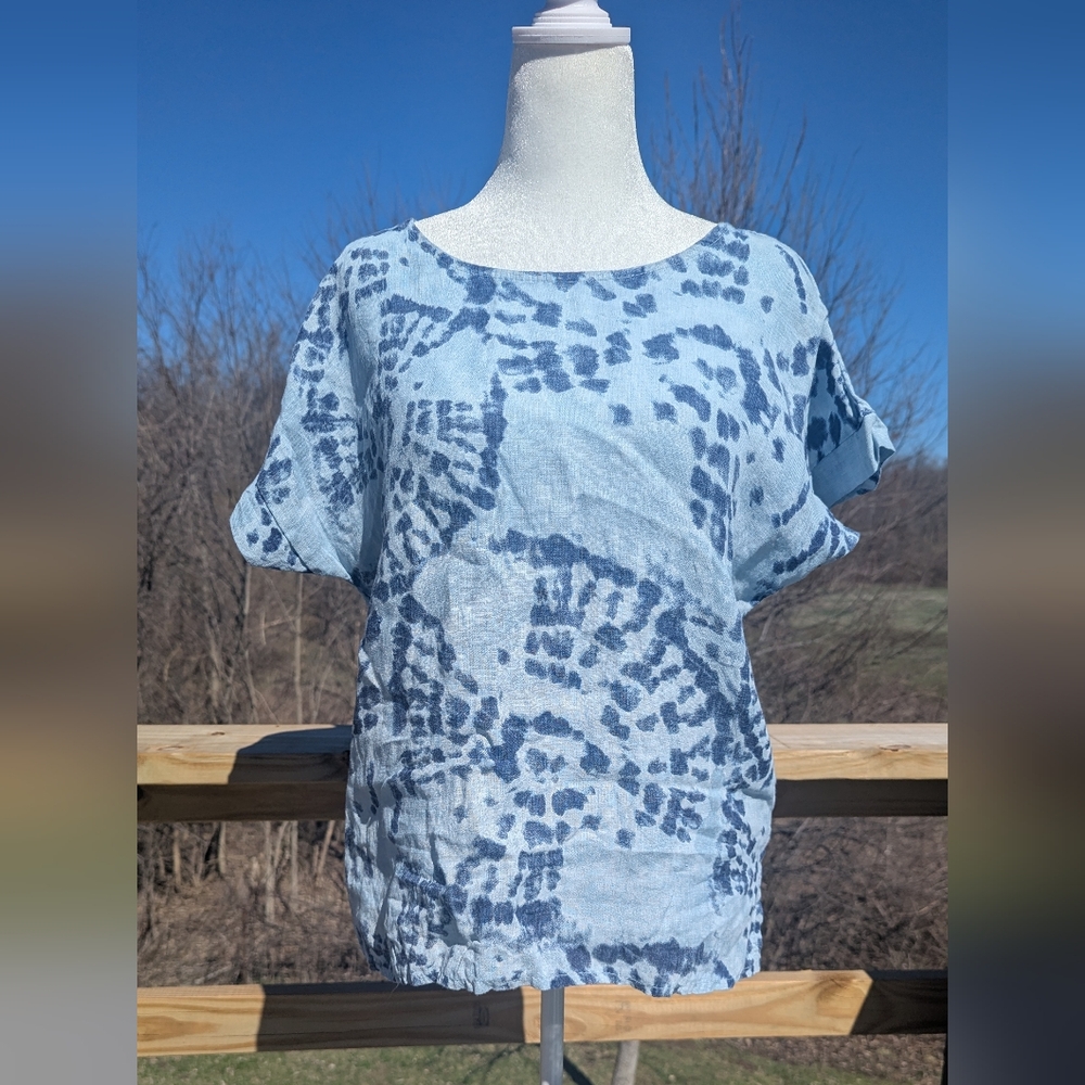Bellambia 100% Italian Linen Top Blue Batik Print Size Small